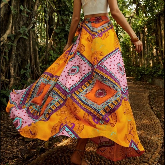 Boho Festival Floral Print Crop Top Blouse Slit Maxi Skirt Set vibrant Orange - Picture 8 of 10
